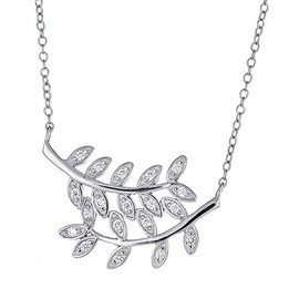 Joy and Rachel Platinum Plated 925 Sterling Silver Round CZ Two Olive Branch Leaf Pendant Necklace