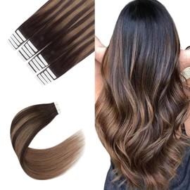 Sixstarhair Real Hair Extensions Tape 40 cm 20 Pieces 50 g Tape-In Hair Extensions Short Hair Dark Brown Faded to Chestnut Brown Ombre #2/6