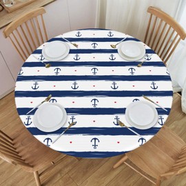 Nautical Anchor Navy Stripe Round Table Cover Fitted Tablecloth with Elastic Edged Decorative Kitchen Dining Table Cloth Cover Fits 45-50" Round Table
