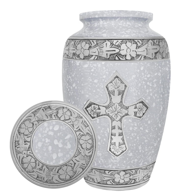 Cremation Urns for Women, White Engraved Cross Large Funeral Urn
