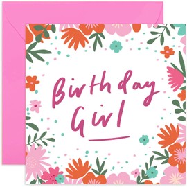 Old English Co. Happy Birthday Girl Card - Square Birthday Wishes Card | Suitable for Women, Daughter, Sister, Niece, Cousin | Blank Inside & Envelope Included