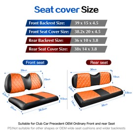 NOKINS 4PCS Golf Cart P Diamond Seat Covers Kit,Front and Rear Seat Covers for Club Car Precedent Original Regular Seat Cushion, No Stapler, Golf Cart Vinyl Replacement Seat Cover,Orange and Black