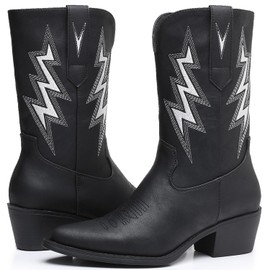 GLOBALWIN Women's Black Cowboy Boots Western Embroidered Mid Calf Cowgirl Boots For Women Chunky Low Heel 9M