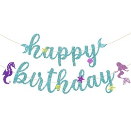 Bandera de cumpleaños de sirena con purpurina preencordada, no bricolaje, decoraciones de cumpleaños de sirena, pancarta de sirena, decoración de fiesta de sirena pequeña para niñas, niños, baby