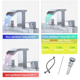 Bathroom faucets 3 Hole Widespread LED Light Bathroom Sink Faucet 8 inch Modern Bathroom Waterfall 3 Hole Vanity Chrome Faucet with Pop Up Drain(Chrome)