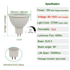 CIKAMIO mr16 led Bulb dimmable 120v 110V 5W 2700K Warm White Soft White Spot Light gu5.3 cob 50w Halogen Bulb replacment for mr16 Fixture Tracking Light (110-130V dimmable 2700K, Pack of 4)