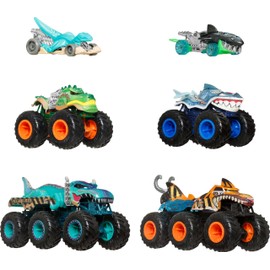 Hot Wheels Toy Cars & Monster Trucks, Sharks vs. Dinos Multipack with 2 Big Rigs, 2 1:64 Scale Monster Trucks & 2 1:64 Scale Hot Wheels Vehicles