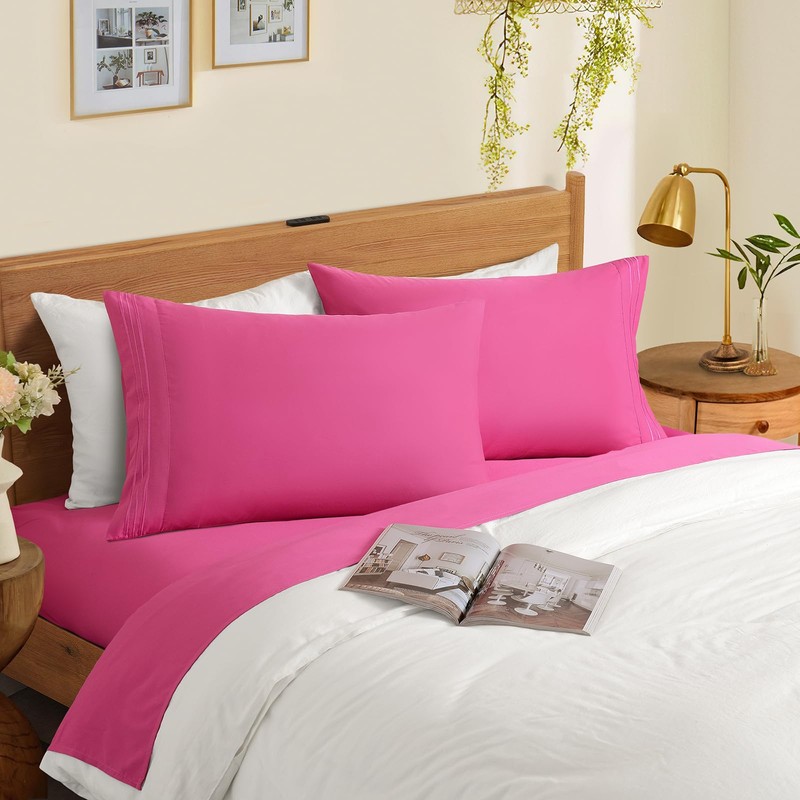 Horbaunal 2 Pack Microfiber Pillowcases Standard Size Hot Pink Bed
