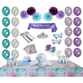 Bubba & Bailey Mermaid Party Supplies Girls Birthday Party Decorations, Includes Sash & Tiarra