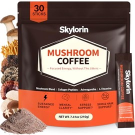 Instant Mushroom Coffee with Collagen, Skylorin Adaptogen Coffee Powder for Daily Hot or Iced Coffee Drink Mix Routines
