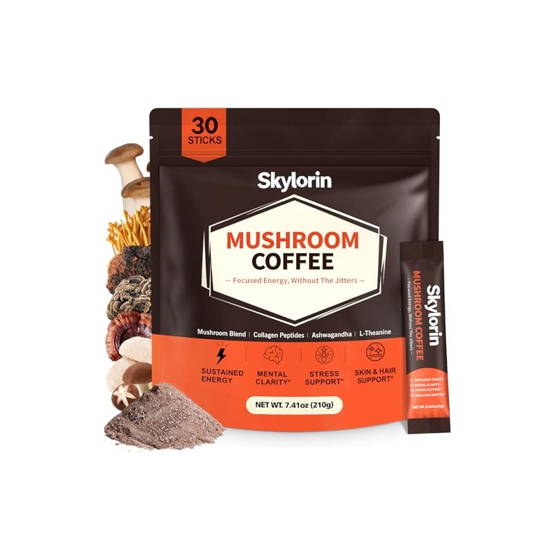 Instant Mushroom Coffee with Collagen, Skylorin Adaptogen Coffee Powder for