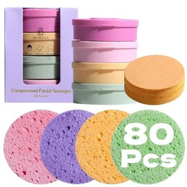 BS-MALL Esponjas faciales comprimidas - Discos de algodón reutilizables de 80 unidades para limpieza facial, esponjas de spa 100% naturales, suaves, fáciles de transportar y multiusos para uso diario