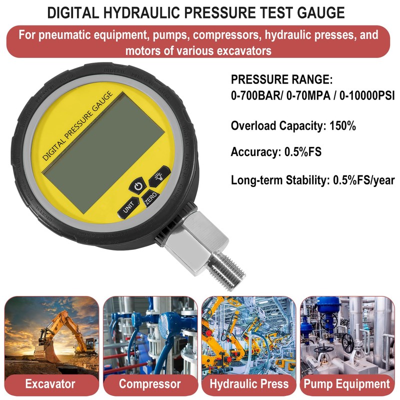 Digital Hydraulic Pressure Gauge 10000 PSI/700BAR with 1/4-Inch NPT Connector,