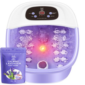 Foot Spa Bath Massager with Heat Bubbles and Vibration Massage and Jets, 16 OZ Calming Lavender Foot Soak Epsom Salt, MoodRelish Foot Soaker With Red Light, 22 Massage Rollers, Adjustable Temp -Purple