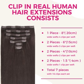 Lashey Clip-In Real Hair Extensions, 45 cm (18 Inches), 7 Pieces, 120 g, Remy Human Clip-In Hair Extensions, 2 Dark Brown Straight Real Hair Extensions Clip