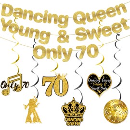 Dancing Queen Young & Sweet Only 70 Banner Gold Glitter, 70th Birthday Decorations for Women, 70th Birthday Banner with Hanging Swirls, 70s Dancing Queen Party Decorations Decor Favors