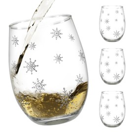 BANBERRY DESIGNS Stemless Wine Glasses - Snowflake Wine Glass - Set of 4 - Winter Holiday Glasses with Silver Snowflake Design - 20 oz Capacity