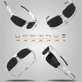 SIPLION Men's Sunglasses UV400 Protection Polarised Super Light Frame CAT 3 CE, Transparent grey, M