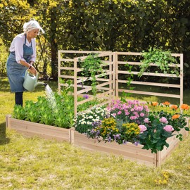 Giantex Raised Garden Bed with 3 Trellises, 88"L x 45"W x 43"H, Set of 2 Wood Planter Box for Vegetables Flowers Herbs Fruits Climbing Plants Cucumber, Easy Assembly, Outdoor Rectangular Raised Beds