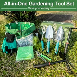 Garden Tool Set for Women, 12pcs Heavy Duty Gardening Tools, Cute Gardening Supplies Gifts for Women Mom, Garden Hand Tools with Fashion Organizer Handbag, Garden Tools for Gardening, Planting, Green