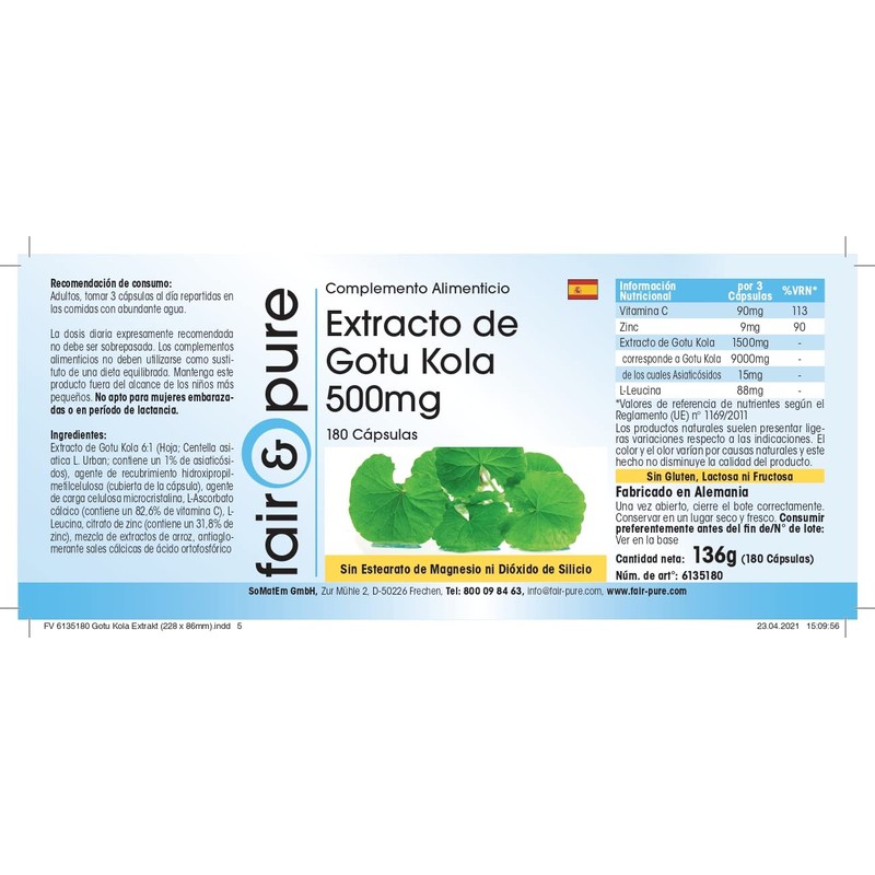 Gotu Kola Extract 500 mg - Vegan - 180 Capsules