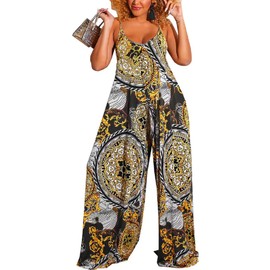 Glozeplus Women's Sexy Floral Print Summer Jumpsuits Casual Wide Leg Long Pants Rompers Sleeveless with Pocket Medium