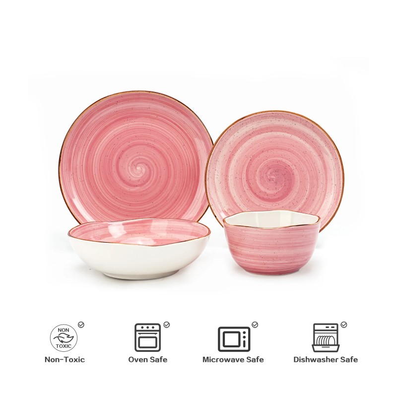 16pc Pink Irregular Sonoma Ceramic Stoneware Dinnerware Set Elegant Partical