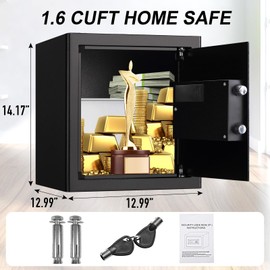 Tenamic Fireproof Safe Box 1.6 Cuft Electronic Digital Security Box, Keypad Medium Lock Box Cabinet Safes with Internal Light, Solid Alloy Steel Office Hotel Home Safe with 2 Passwords, Black