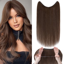 Silk-co One Piece Wire in Hair Extensions 18inch #04 Medium Brown Real Human Hair Wire No Clip Straight Hairpiece
