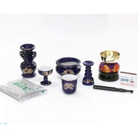 Buddhist Altar Utensil Set Lapis Golden Lotus Ruri Ceramic 5 Piece + Singing Bowl Set with Incense Ash and Matches for Modern Mini Buddhist Altar