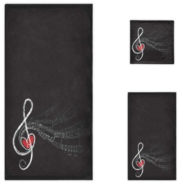 Naanle Stylish Treble Love and Music Notes Soft Decorative Set of 3 Towels, 1 Bath Towel+1 Hand Towel+1 Washcloth, Multipurpose for Bathroom, Hotel, Gym, Spa and Beach(Black)