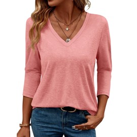 TICTICMIMI Women's V Neck 3/4 Sleeve Tops Casual Pullover T Shirts Summer Basic Loose Fit Tunic Shirts Coral