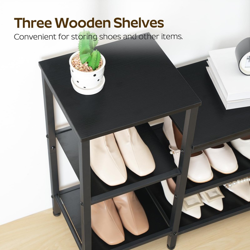 YATINEY 3-Tier Shoe Rack Bench, Wooden Shoe Storage Bench, Industrial