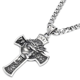 Schmuck-Checker Cross of Jesus with Crown of Thorns Pendant Stainless Steel INRI Silver Christian Chain Curb Chain Gift, Stainless Steel