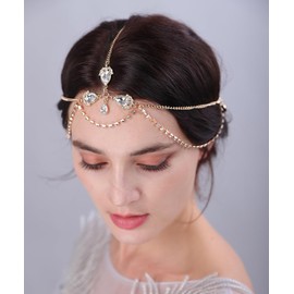 Aimimier Bohemian Dainty Layered Crystal Head Chain Teardrop Rhinestone Forehead Chain for Women Girls (Gold)