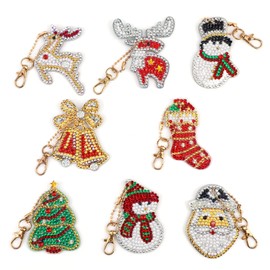 MWOOT 8Pcs 5D DIY Christmas Diamond Pasted Painting Keychain Kit, Santa Claus Double Sided Full Drill Rhinestone Painting Key Chains Pendant for Kids Adults Beginners Backpack Handbag Ornaments