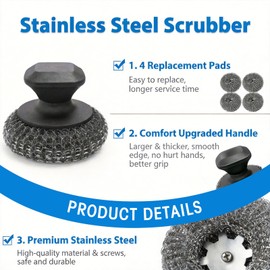5-Pack Steel Wool Scrubber, Stainless Steel Scrubber Wire Sponge Pads with Handle, Pan Cleaning Scrubber for Scouring Stubborn Messes from Cast Iron, Frying Pan, Oven, Grill, Heavy Duty Pot Scrub