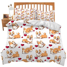 Corgi Dog Bedding Set King Size Toddler Corgi Comforter Cover Set for Boys Girls Super Soft Construction Dog Duvet Cover Set Bedroom Decor Twin Full Queen King Size Quilt Cover with 2 Pillowcase