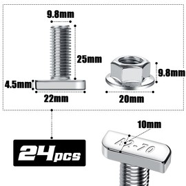 Hammer Head Screws M10 x 25 Stainless Steel A2-70, Pack of 24 Hammer Head Screws with Locking Tooth Nuts Flange Nuts Hanger Bolts M10 for PV Solar Mounting Rails Greenhouse and Photovoltaics