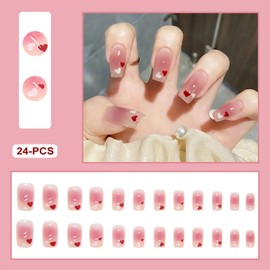 24PCS Valentine's Day Fake Nails,Medium French Square False Nails with Pink Heart Pattern Design,Glossy and Full Cover Acrylic Nails for Women or Girls