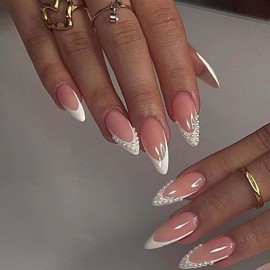 Foccna Press on Nails French Medium, Pearl White Fake Nails Almond Acrylic False Nails,Artificial Glue on Nails for Women 24pcs