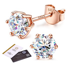 GEMQUEEN Moissanite Earrings Studs : 18K Rose Gold Plated 925 Sterling Silver Earrings for Sensitive Ears Women Men Hypoallergenic Dainty Gold Stud Earring Jewelry Round Cut D Color VVS1 Clarity 1CT