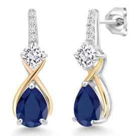 Gem Stone King 925 Sterling Silver and 10K Yellow Gold Pear Shape Blue Sapphire White Moissanite and White Lab Grown Diamond Dangle Earrings For Women (3.48 Cttw, Pear Shape 8X6MM)