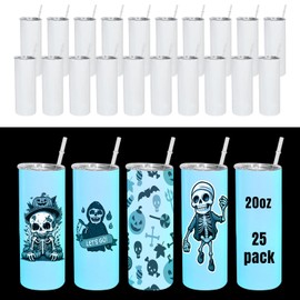 Icesip 25 Pack 20 Oz Glow In The Dark Sublimation Tumblers Stainless Steel Sublimation Tumbler Bulk Skinny Straight Bottom Cups with Lid and Straw, White To Blue