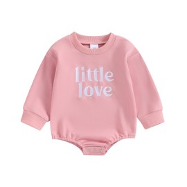 Twopumpkin Baby Boy Girl Crewneck Sweatshirt Onesie Sweater Shirts Long Sleeve Romper Cute Fall Winter Outfit Clothes (Embroideried Little Love Pink, 3-6 Months)
