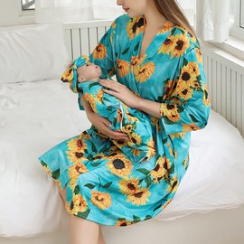 Mommy and Me Robe and Swaddle Set Floral Print Maternity and Baby Matching Hospital Labor Delivery Swaddling Wrap Blanket Dress with Headband Hat for Mom and Girl Boy 4pcs Outfit Blue Sunflower S/M