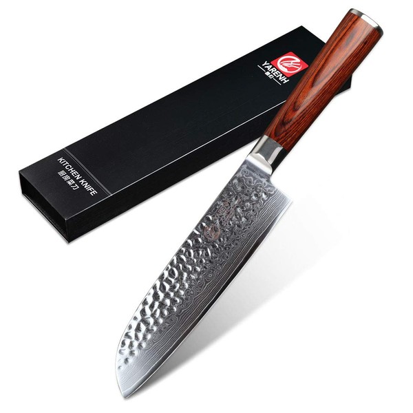 Yarenh Santoku Knife Professional Kitchen Knife 180mm Damascus High Carbon Stainless Steel Sharp Chef Knife with Pakka Wood Handle, Gift Box, Packaging Included