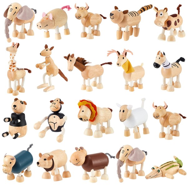 Wettarn 20 Pcs Bendable Wooden Animal Toys Flexible Animal Toys Zoo Safari Jungle Wooden Animal Figurines Toys Posable Smooth Natural Wooden Farm Animals for Preschool Learning Early Education