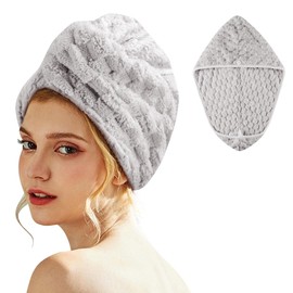 Toalla de Microfibra para el Cabello，Secado de Pelo Rápido; Gorro Absorbente de Agua para Mujeres; Turbante Suave de Baño con Botones. (Gris)