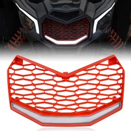 SAUTVS Front Red Grille with LED Light for Maverick X3, New Red Premium Front Bumper Mesh Grill with LED Light Bar for Can-Am Maverick X3 MAX Turbo R 2017-2024 Accessories